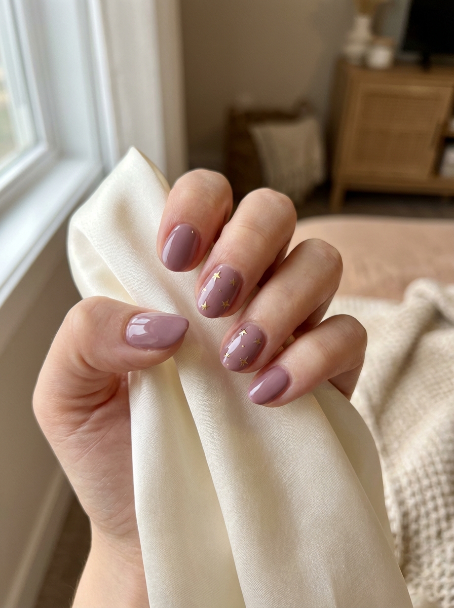 Close-up of a hand near a window holding a soft cloth displaying a short nail art idea with dusty mauve nails decorated with small gold star embellishments on short nails.