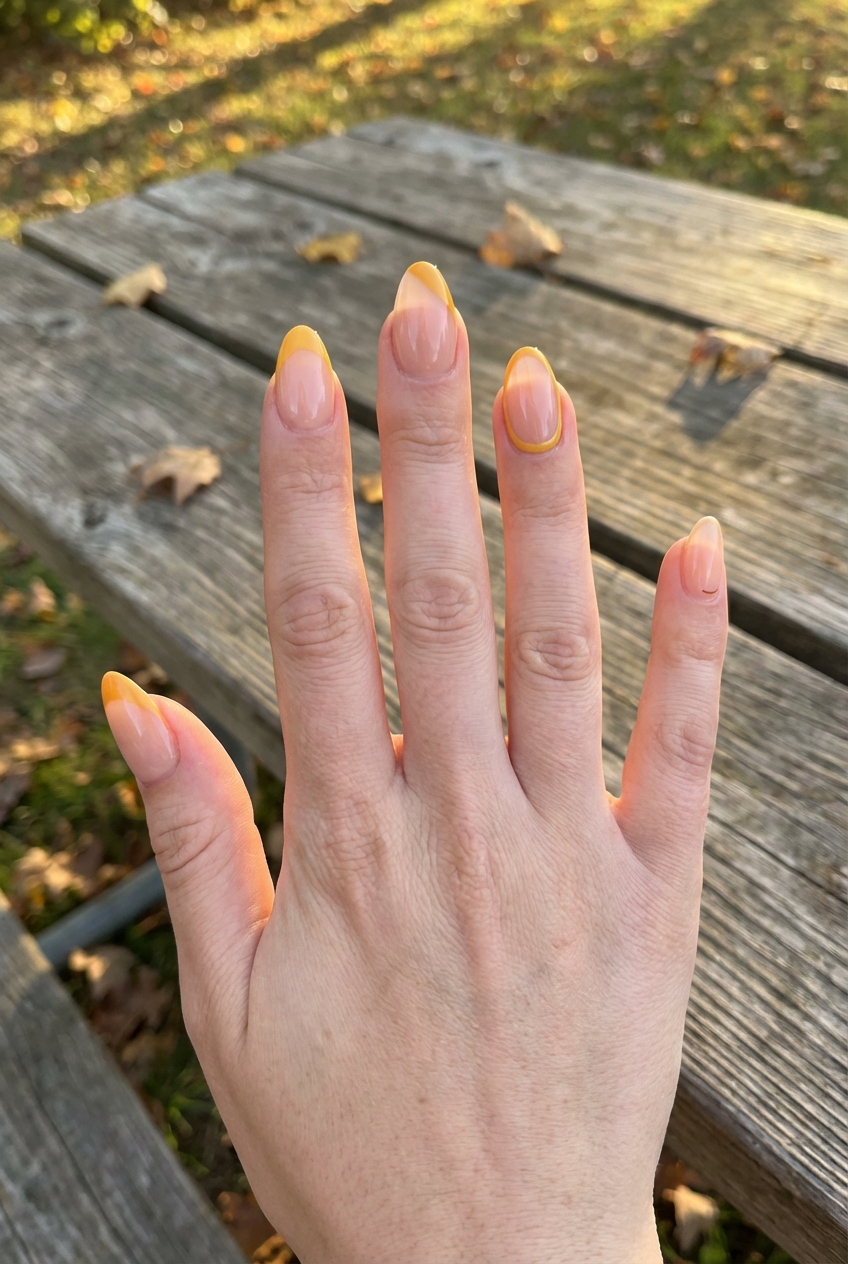 Hand held above a rustic wooden picnic table shows yellow French tip nail art idea with glossy nude nails, warm yellow tips, and one nail outlined with a double yellow border