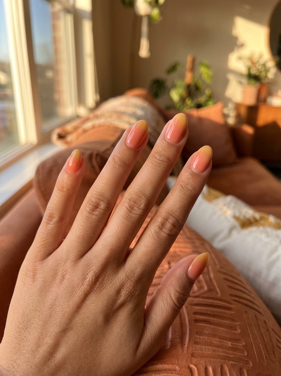 Manicured hand held in warm indoor sunlight showing a short nail art idea with coral blush polish transitioning into yellow gradient tips on short nails.