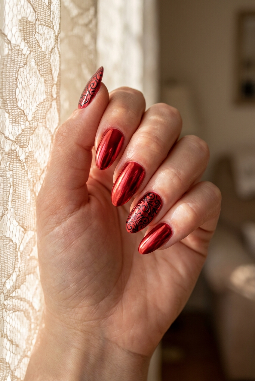 Close-up of a hand near a lace window curtain showing a red chrome nail art idea with reflective crimson chrome nails and two accent nails decorated with black lace swirl patterns.
