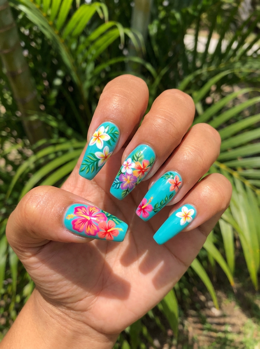 Close-up of a hand in sunlight displaying a colorful nail art idea with turquoise nails decorated with detailed hibiscus and plumeria floral designs