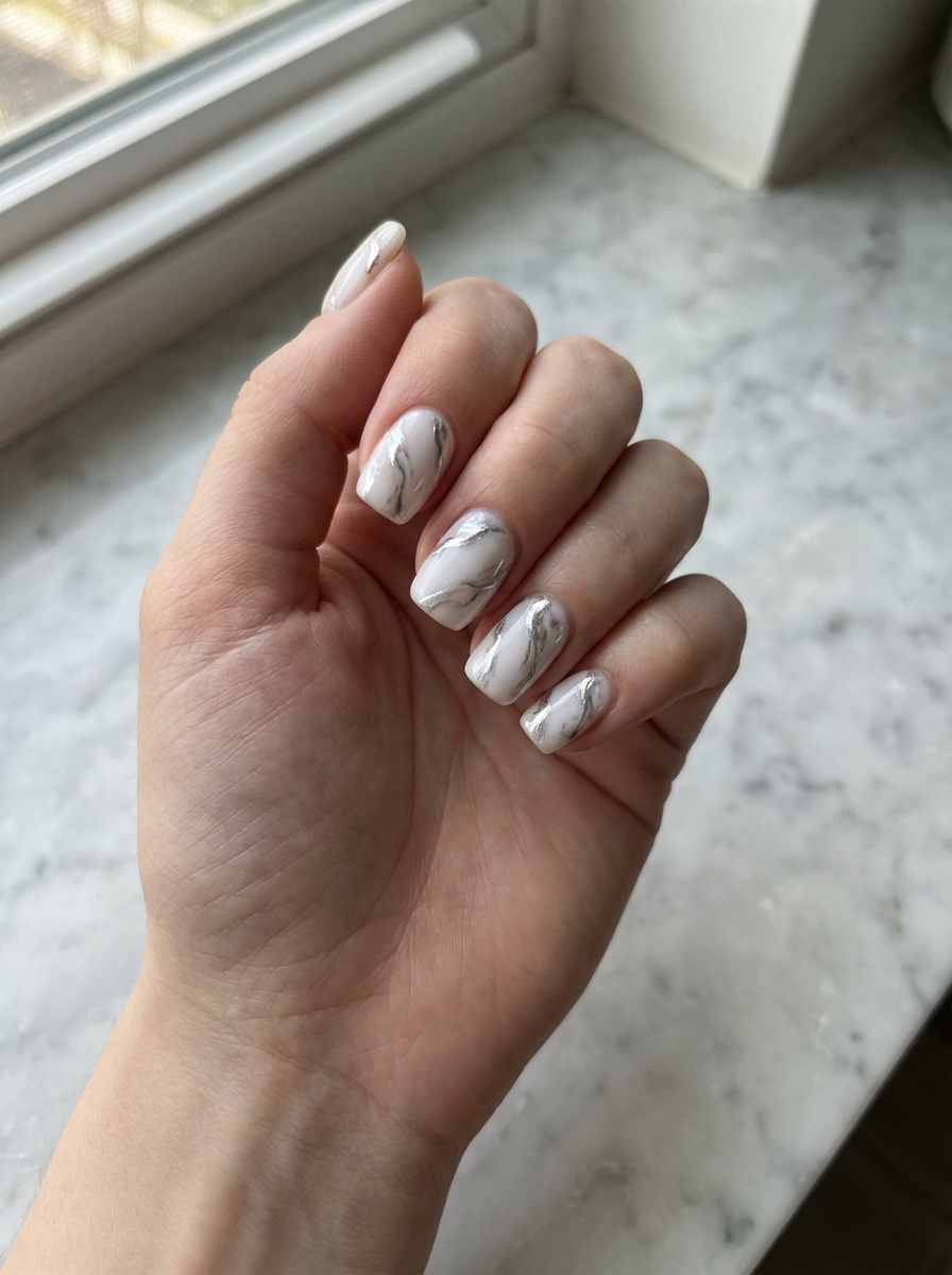 Hand held near a window displaying short square white nails with gray marble veining and subtle chrome accents, showcasing a chrome nail art idea over a light marble countertop.