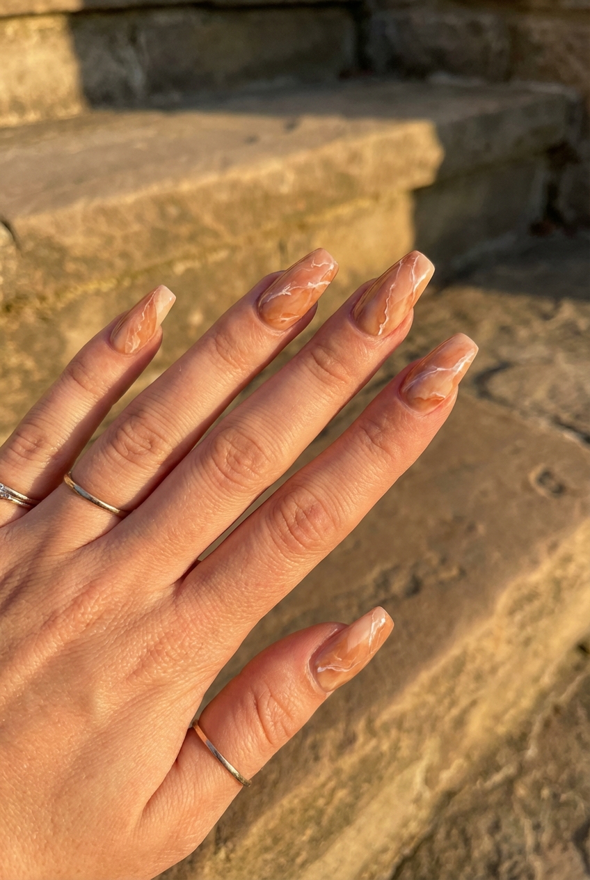 Close-up of a hand wearing thin rings displaying an orange nail art idea with glossy caramel-orange marble nails and white veining against warm stone steps outdoors.