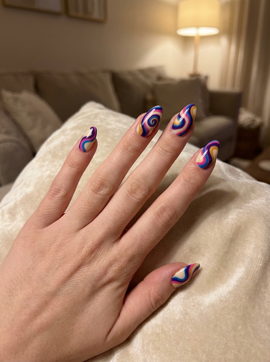 Close-up of a hand in a cozy living room showing a colorful nail art idea with psychedelic swirl nail designs in purple, blue, yellow, and white
