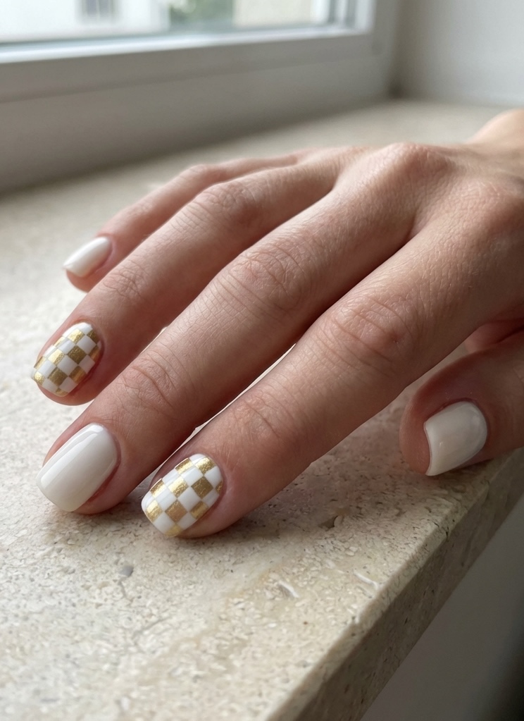 Hand resting on a stone windowsill displaying a white and gold nail art idea with glossy white nails and two accent nails featuring a small white and metallic gold checkerboard pattern.