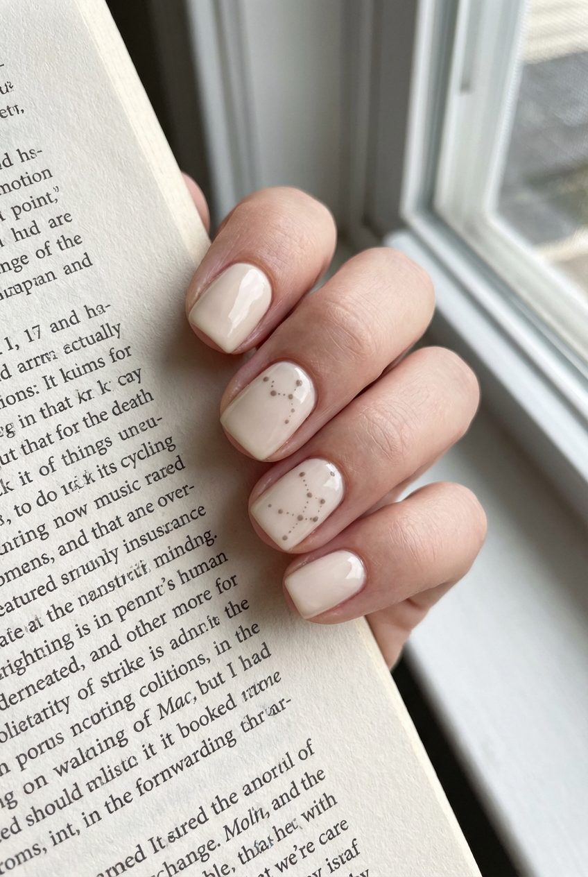 Close-up of a hand resting on an open book displaying a neutral nail art idea with ivory-beige nails and small dotted constellation patterns under soft window light.