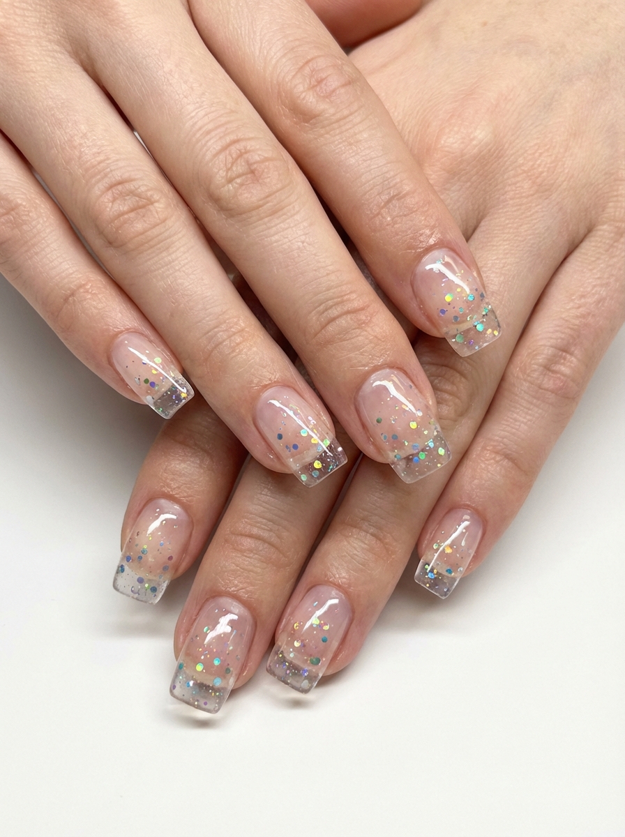 Manicured hands with short square nails coated in sheer nude polish featuring scattered iridescent glitter dots and subtle translucent tips.