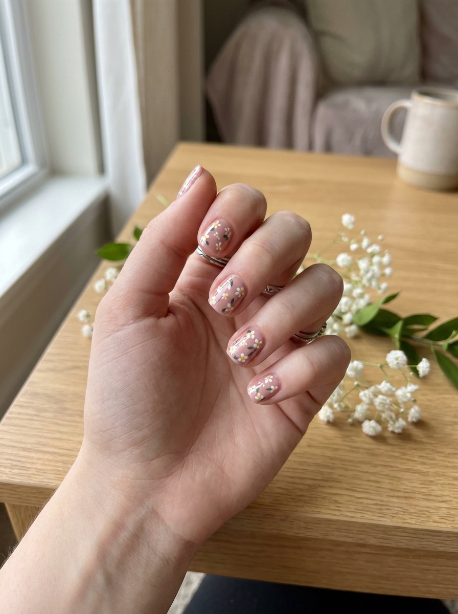 Natural hand beside small white flowers on a wooden table showing a short nail art idea with glossy blush pink nails and tiny white daisy floral designs.