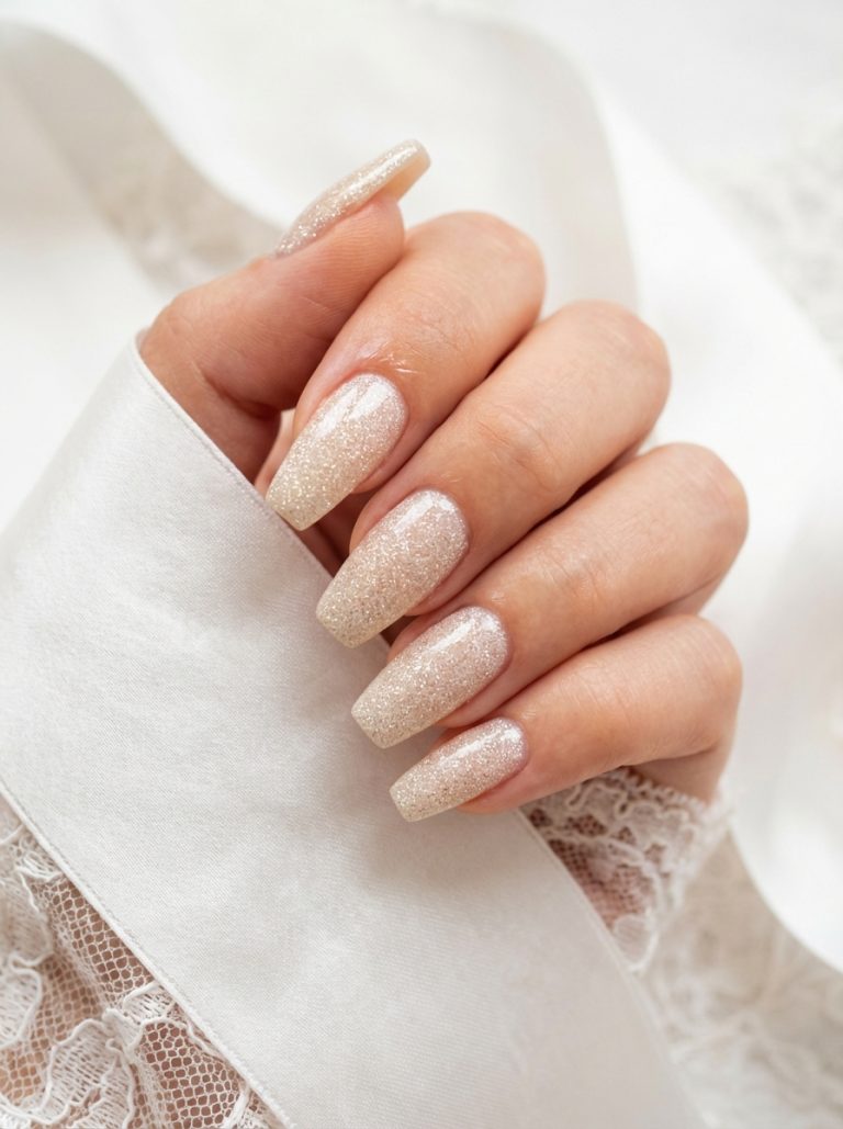 Close-up of a hand with long, square-shaped nails featuring a glittery, nude manicure, against a background of white lace fabric.