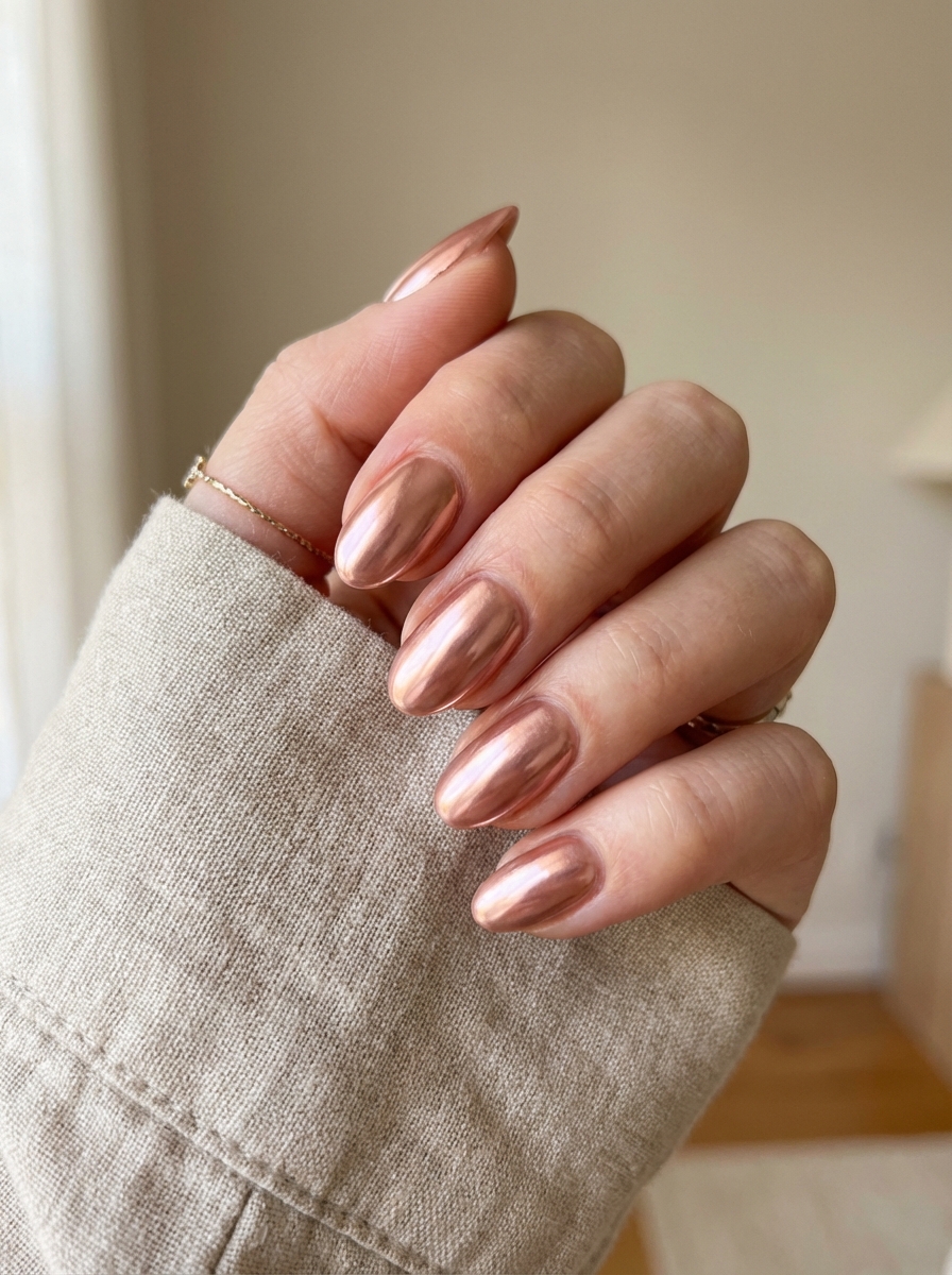Close-up of a hand with almond-shaped nails finished in shiny rose gold chrome polish, presenting a chrome nail art idea photographed indoors with soft neutral background tones.