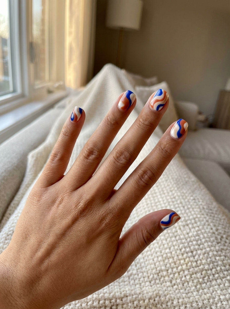 Manicured hand raised near a window highlighting a short nail art idea with glossy nude nails accented by cobalt blue and rust-colored wavy patterns on short nails.