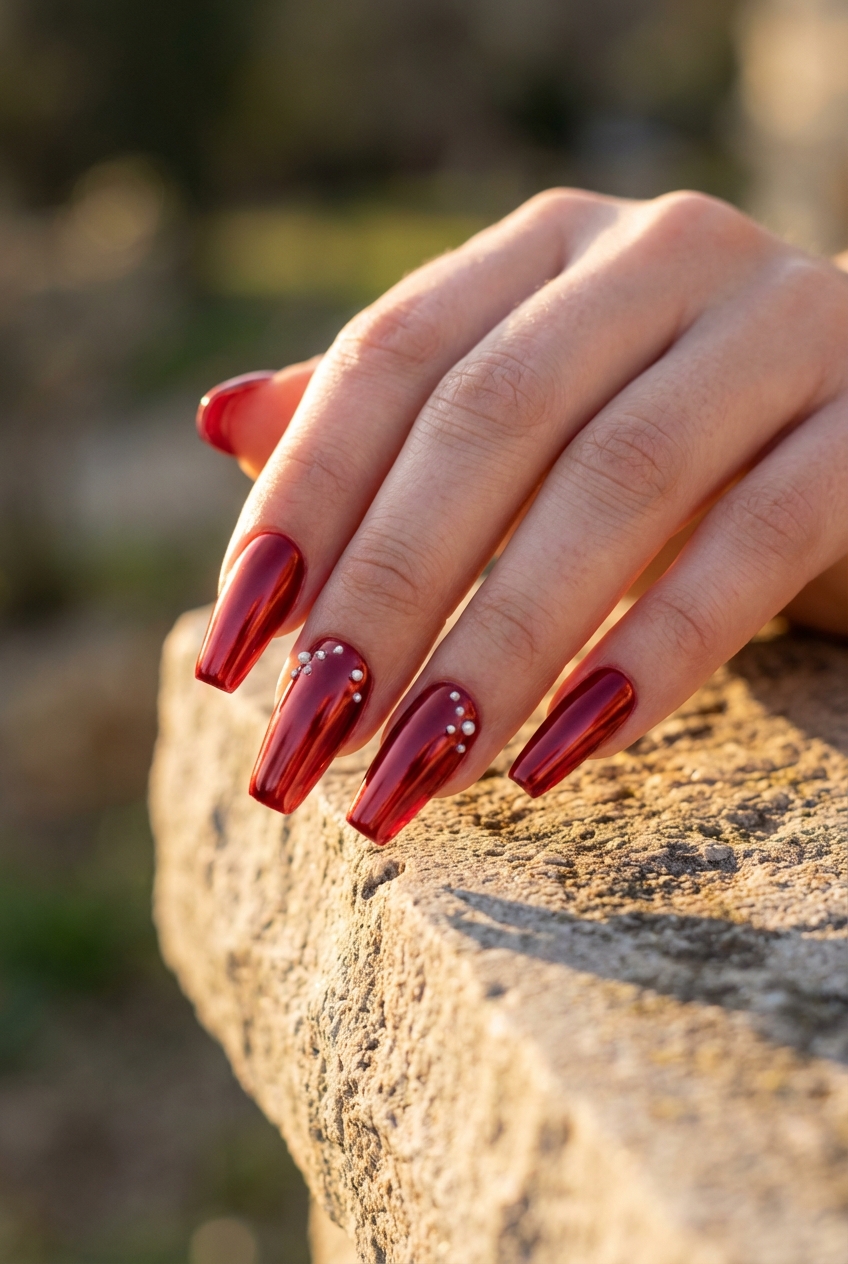 Hand resting on a stone ledge outdoors featuring a red chrome nail art idea with reflective ruby chrome coffin nails and small pearl accents arranged in curved lines.