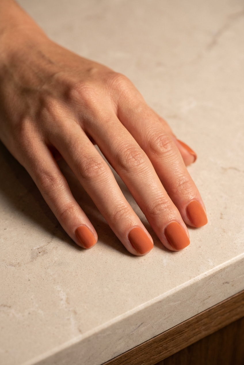 Manicured hand resting on a neutral stone surface featuring an orange nail art idea with short nails covered in soft burnt-orange matte polish.