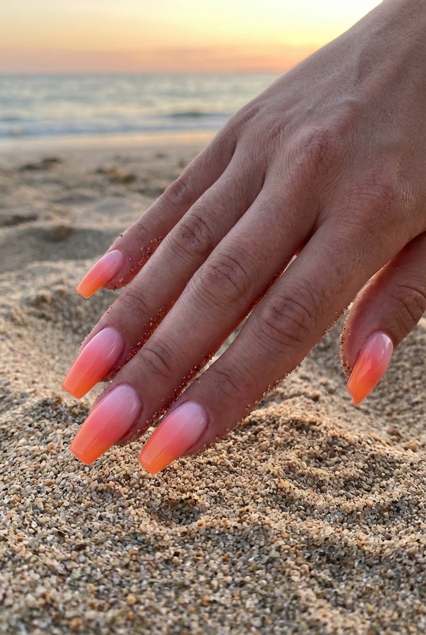 Hand placed on sandy beach during sunset showcasing an orange nail art idea with glossy pink-to-orange gradient square nails near the shoreline.