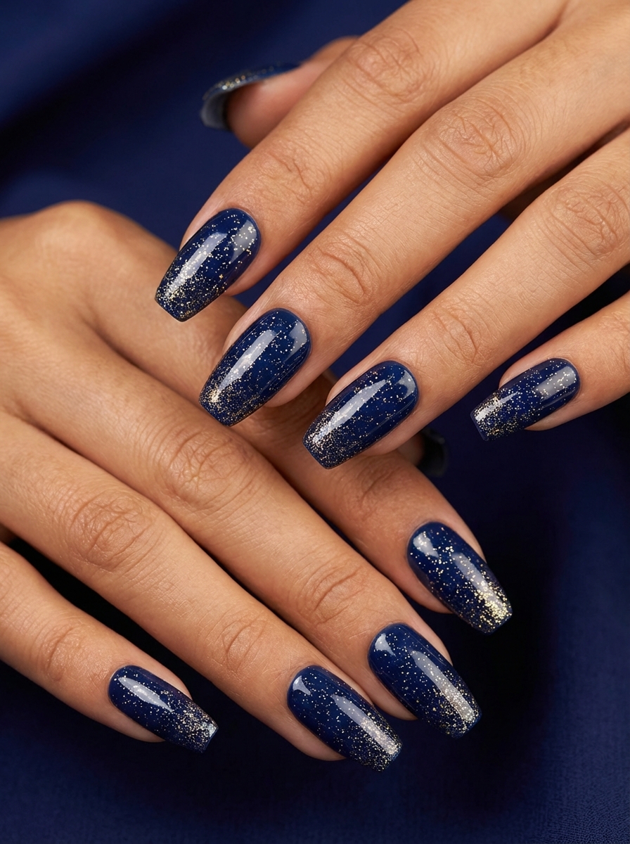 Hands layered gently showing glossy navy square nails with concentrated gold glitter near the tips, highlighting a dramatic glittery nail art idea with night-sky tones.