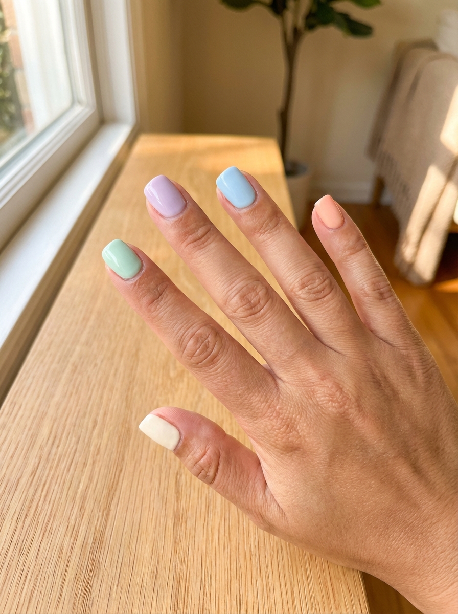 Close-up of a hand near a bright window displaying a short nail art idea with mismatched pastel colors including mint green, lilac, baby blue, peach, and white on short nails.