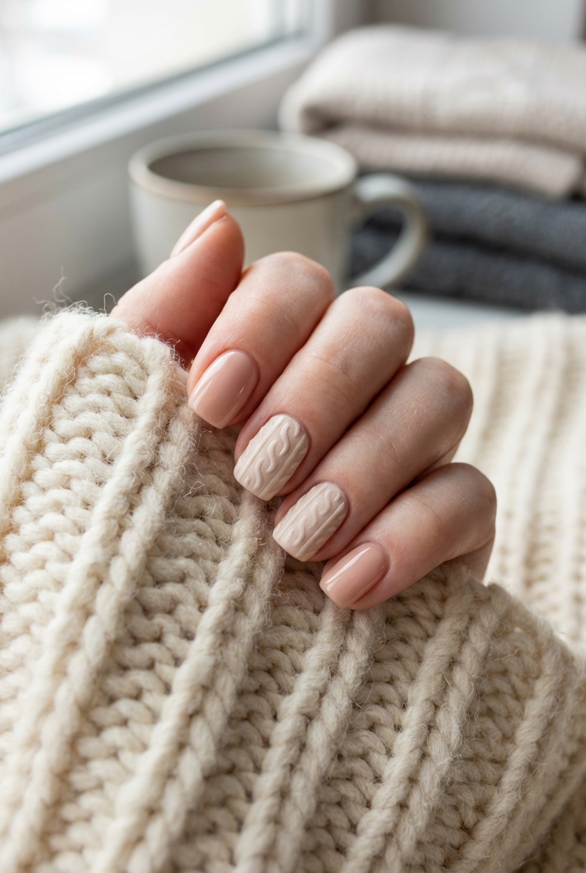 Hand wrapped in a chunky knitted sweater showing a neutral nail art idea with peach nude nails and raised cable-knit textured nail art on accent nails near a window.