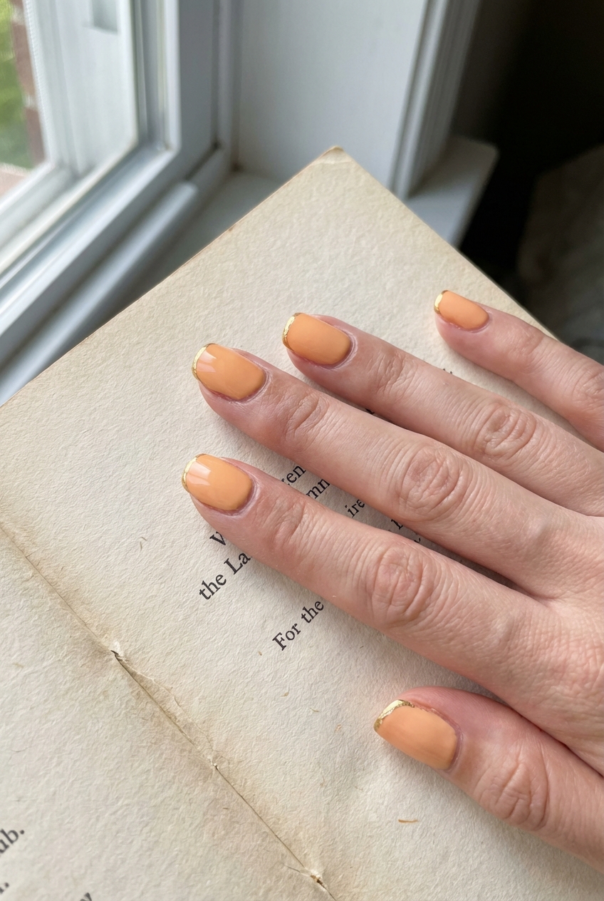 Hand placed on open book pages near natural window light showcasing an orange nail art idea with apricot polish and fine metallic gold French tips.