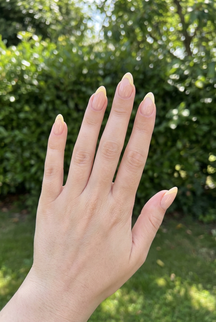 Hand raised in front of leafy green bushes shows yellow French tip nail art idea with almond-shaped nude nails and soft pastel yellow tips in natural outdoor light
