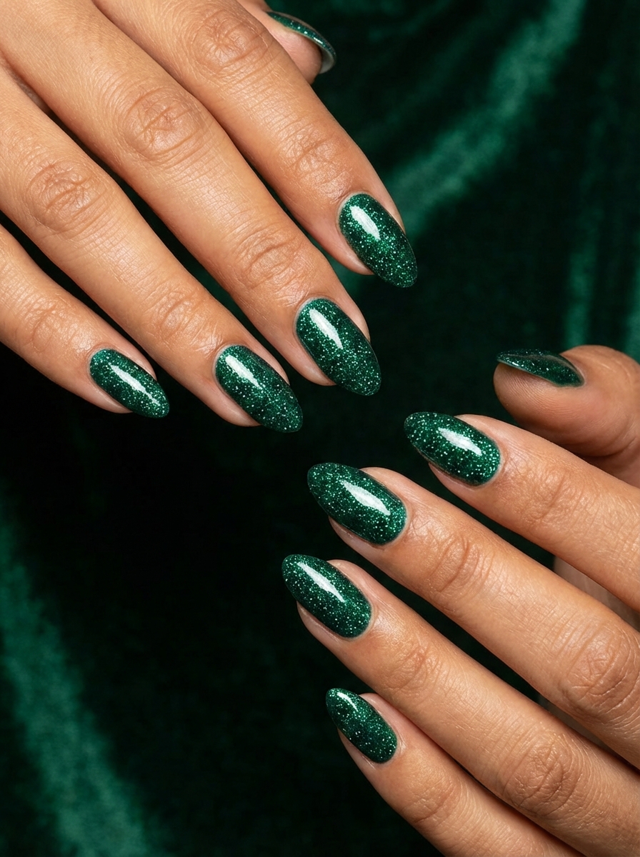 Manicured hands positioned over deep green fabric displaying almond-shaped nails covered in forest green glitter polish, presenting a rich glittery nail art idea.