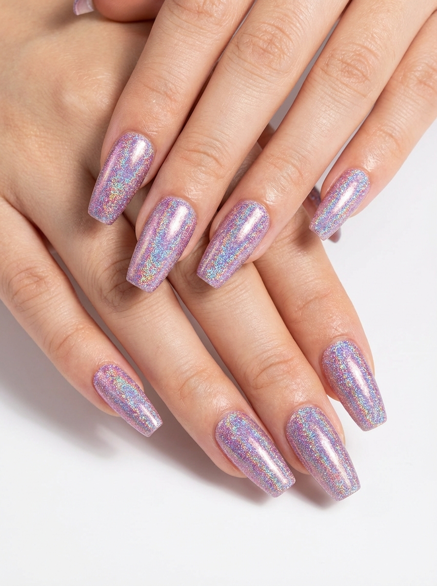Close-up of two hands with long coffin-shaped nails painted lavender holographic glitter polish, displaying a vibrant glittery nail art idea with rainbow shimmer.