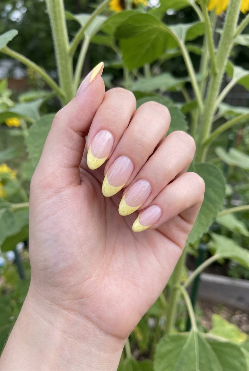Hand held near tall green plants shows yellow French tip nail art idea with nude glossy nails and pastel yellow tips accented with tiny speckled details in a garden setting