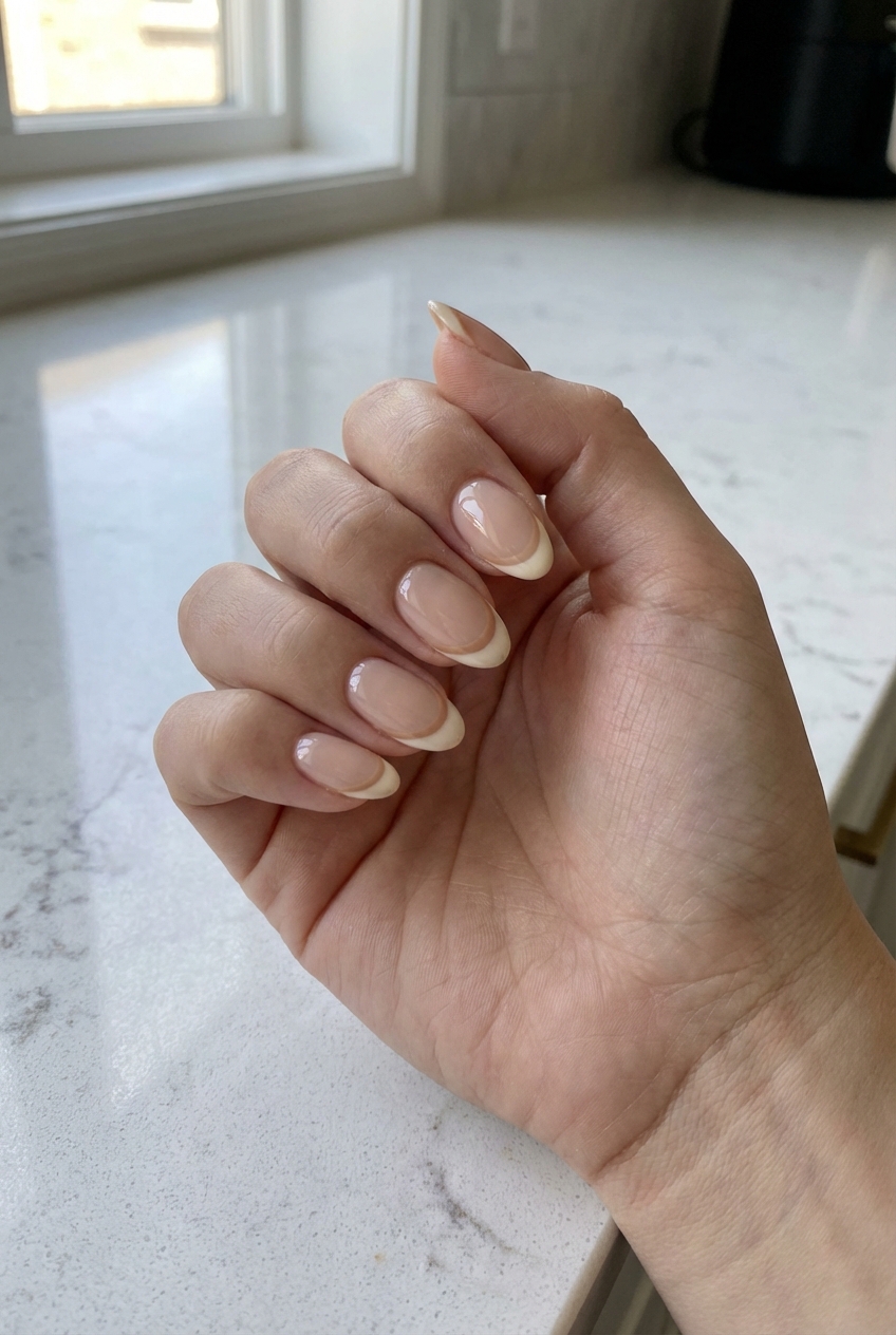 Manicured hand photographed indoors with a neutral nail art idea featuring glossy nude nails and curved ivory French tips on almond-shaped nails.