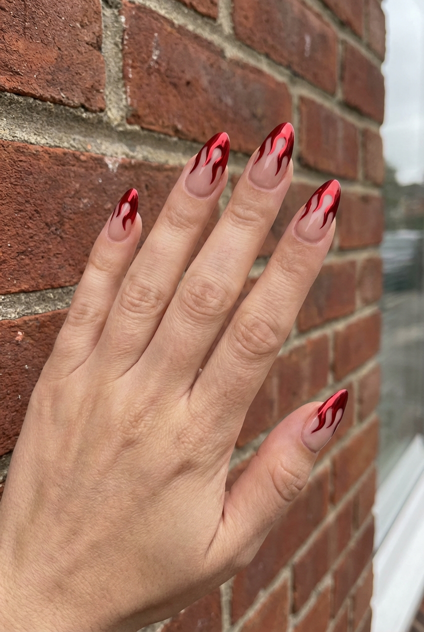 Close-up of a hand near a brick wall showing a red chrome nail art idea with nude almond nails decorated with reflective ruby chrome flame patterns.