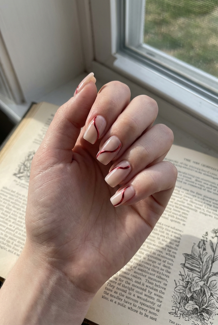 Close-up of a hand near a window displaying a red chrome nail art idea with soft nude nails and thin scarlet chrome ribbon-style line designs.