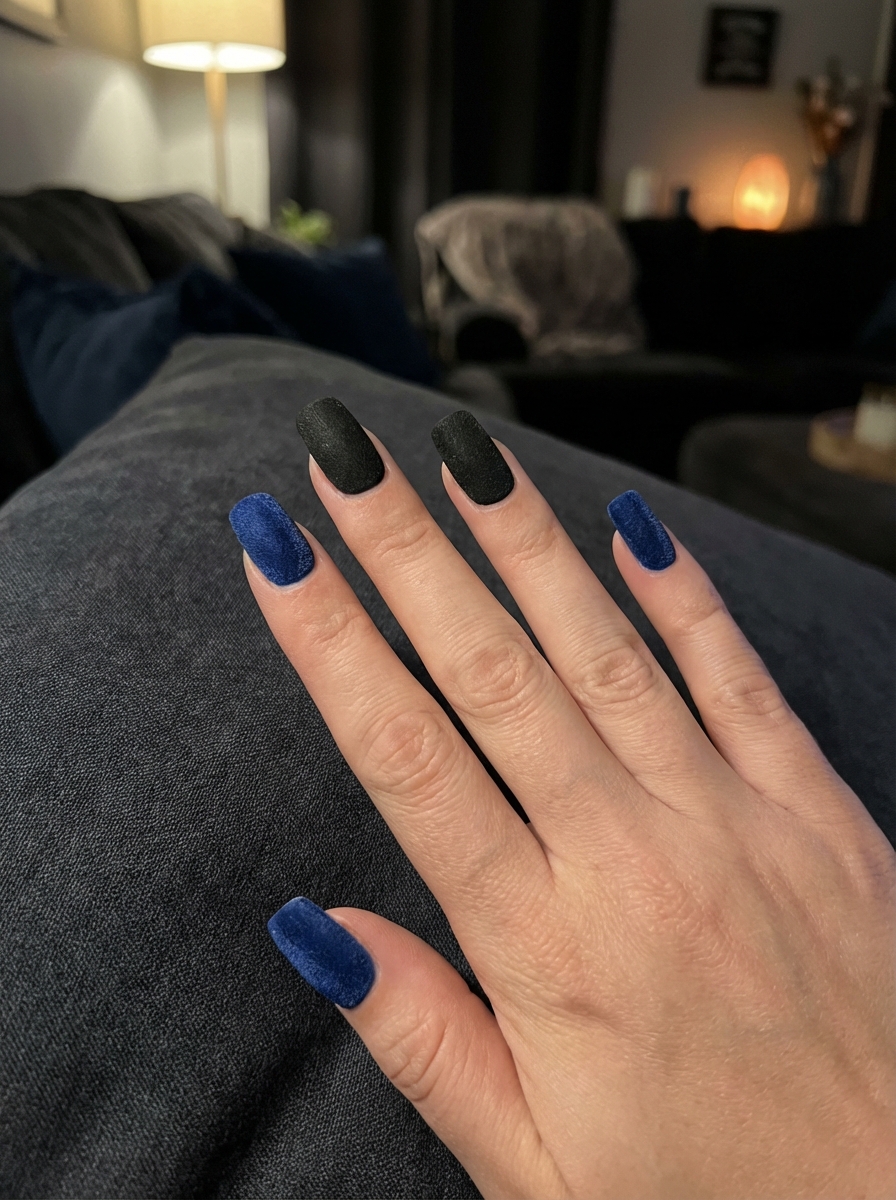 Hand resting on a dark couch showing a black and blue nail art idea with textured velvet-like cobalt blue nails paired with matte black accent nails in a cozy living room.
