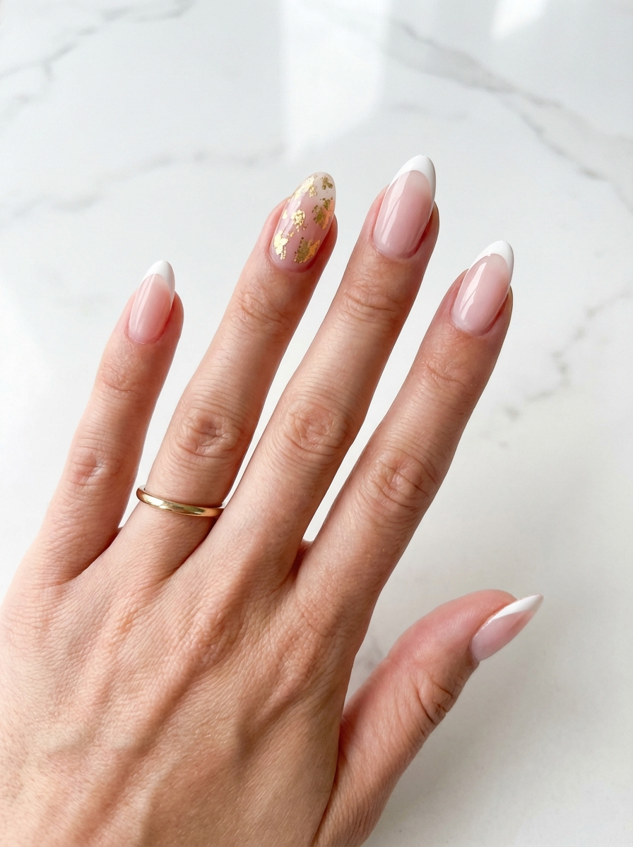 A hand with a gold ring on the ring finger, showcasing manicured nails with a French tip design and gold foil accents on the ring finger nail.