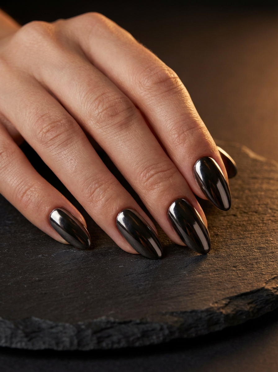 Hand resting on a dark stone slab displaying long almond-shaped nails painted in reflective jet-black chrome, highlighting a chrome nail art idea with a sleek mirror finish under warm lighting.