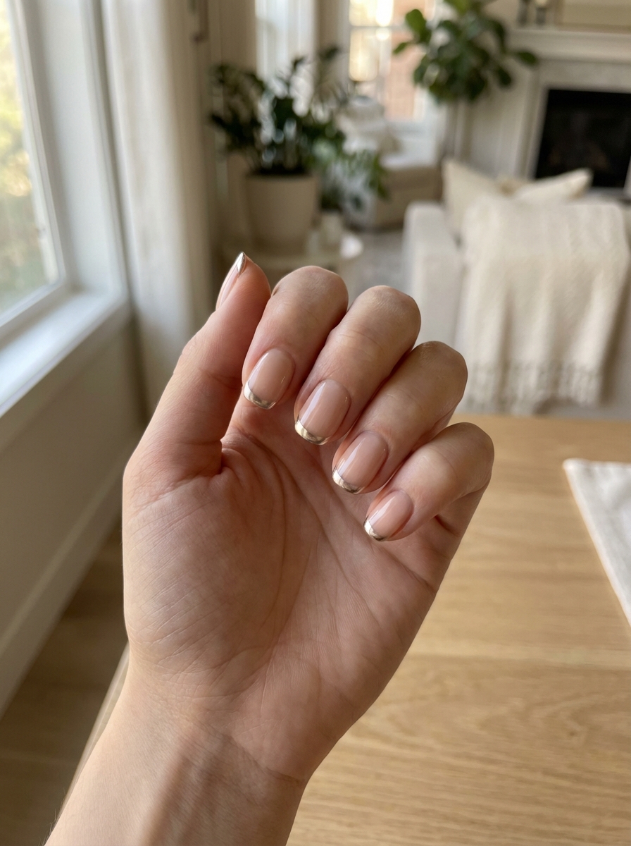 Hand slightly curled above a wooden table showing short nude nails with thin gold chrome French tips, presenting a chrome nail art idea in a bright living room near a window and plants.