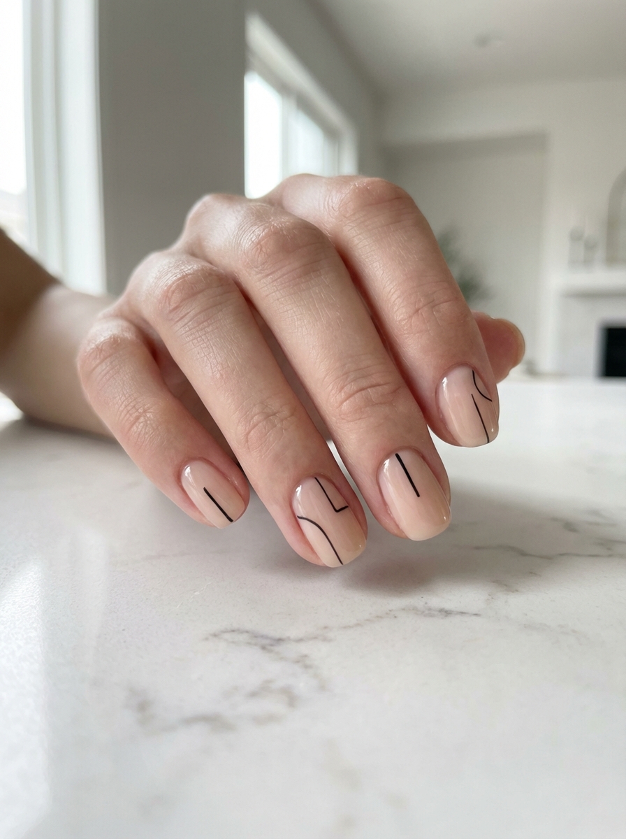 Hand resting on a marble surface showing a short nail art idea with glossy beige polish and thin black abstract lines on short natural-shaped nails in a bright modern interior.