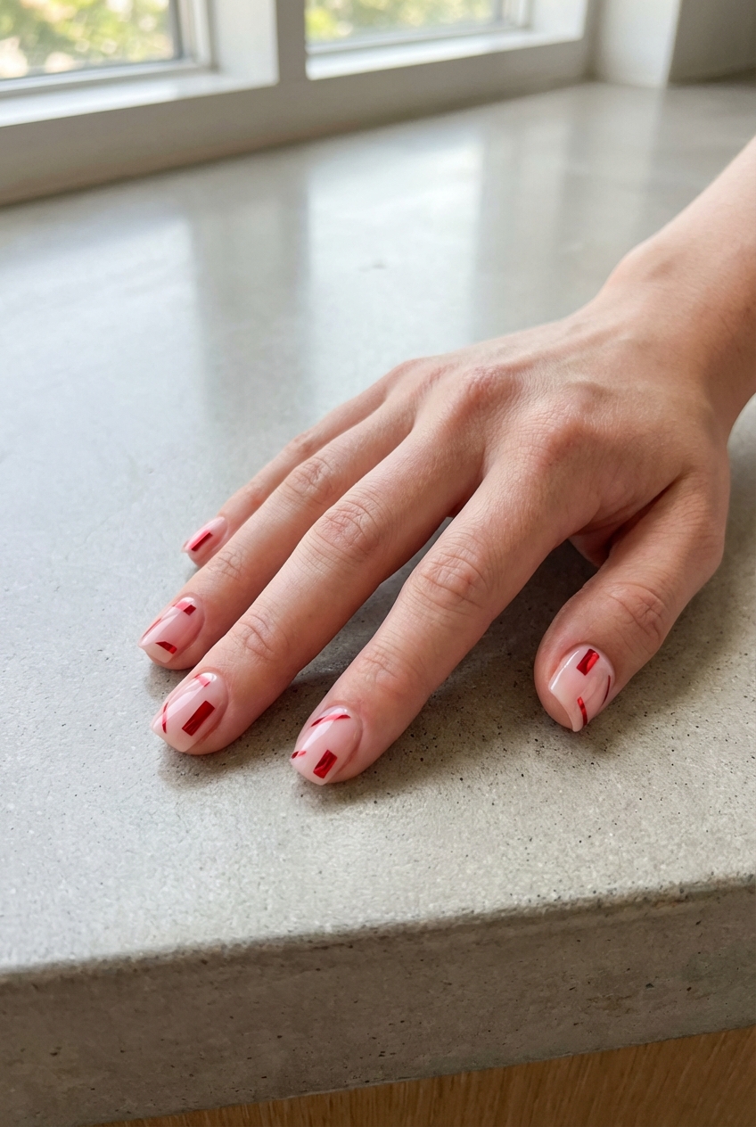 Manicured hand photographed indoors near a window displaying a red chrome nail art idea with nude glossy nails decorated by small red chrome lines and geometric accents.