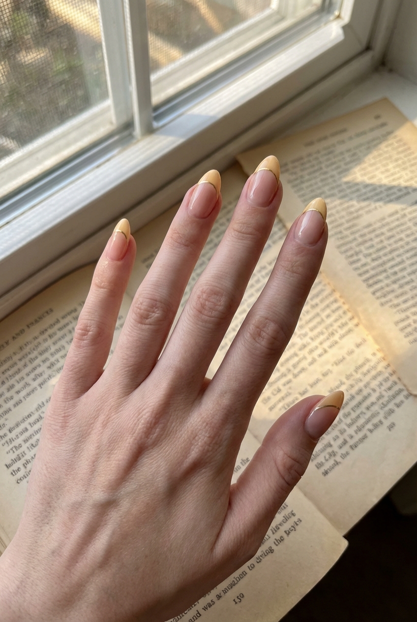 Close-up of a manicured hand highlights yellow French tip nail art idea with sheer nude nails and pale yellow tips set against vintage book pages near a bright window