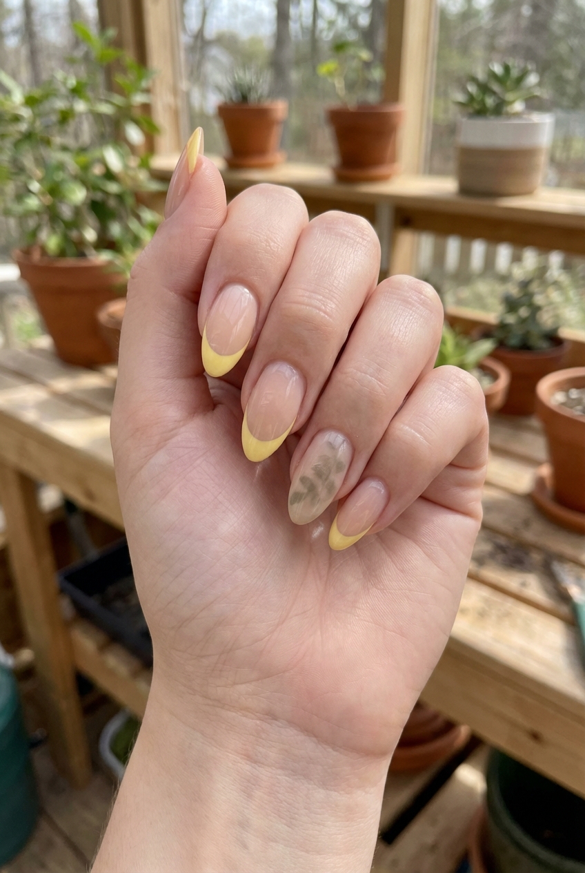 Fingers gently curled in a bright greenhouse setting reveal yellow French tip nail art idea with nude pink nails, pale yellow tips, and a single nail featuring a soft botanical leaf design.