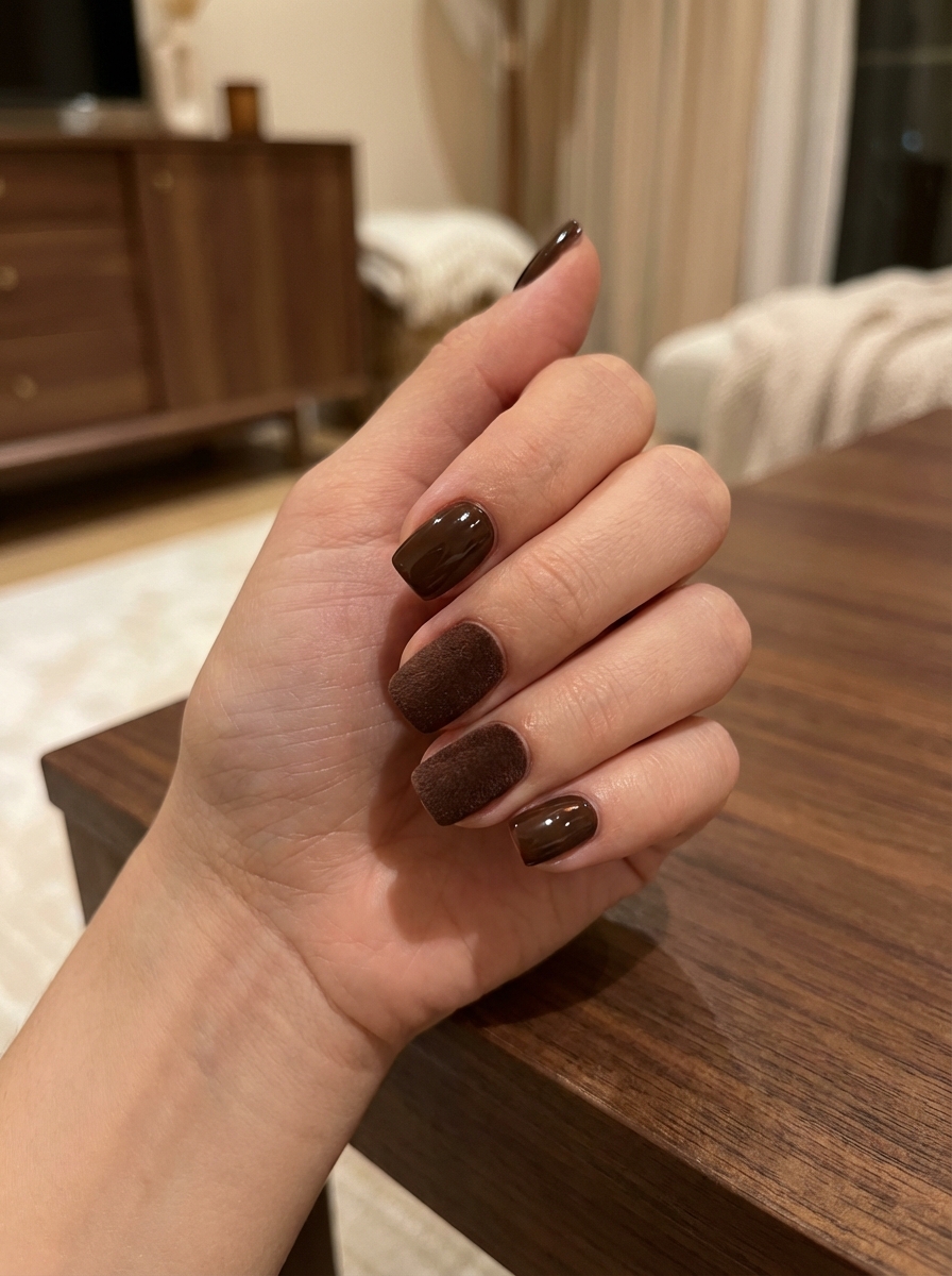 Close-up of a hand beside a wooden coffee table featuring a short nail art idea with glossy espresso brown nails mixed with textured matte chocolate polish on short nails.