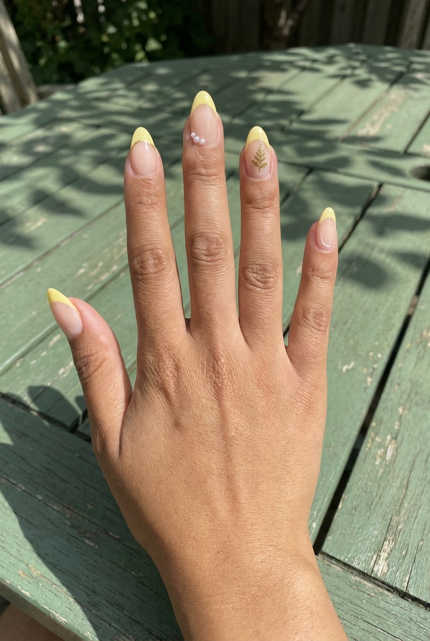Fingers displayed in natural sunlight show yellow French tip nail art idea with glossy nude base, soft yellow tips, pearl accents, and a small leafy design on one nail