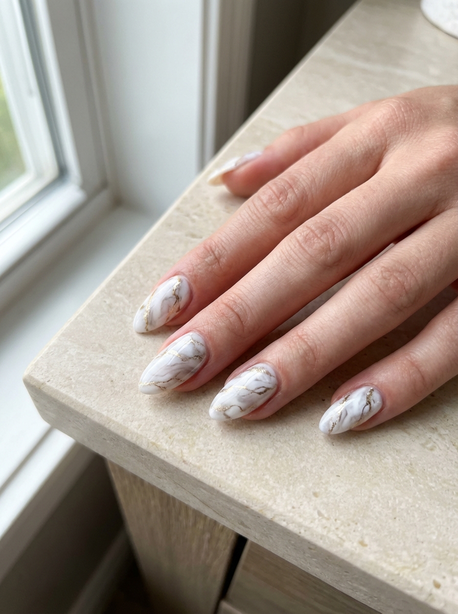 Close-up of fingers placed on a beige stone ledge displaying a white and gold nail art idea with almond-shaped nails decorated in white marble patterns with gray swirls and delicate gold vein accents.