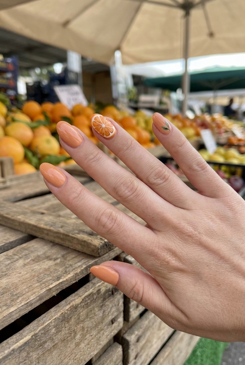 Hand extended near a produce stand showing an orange nail art idea with apricot-toned nails and a hand-painted orange slice accent design.