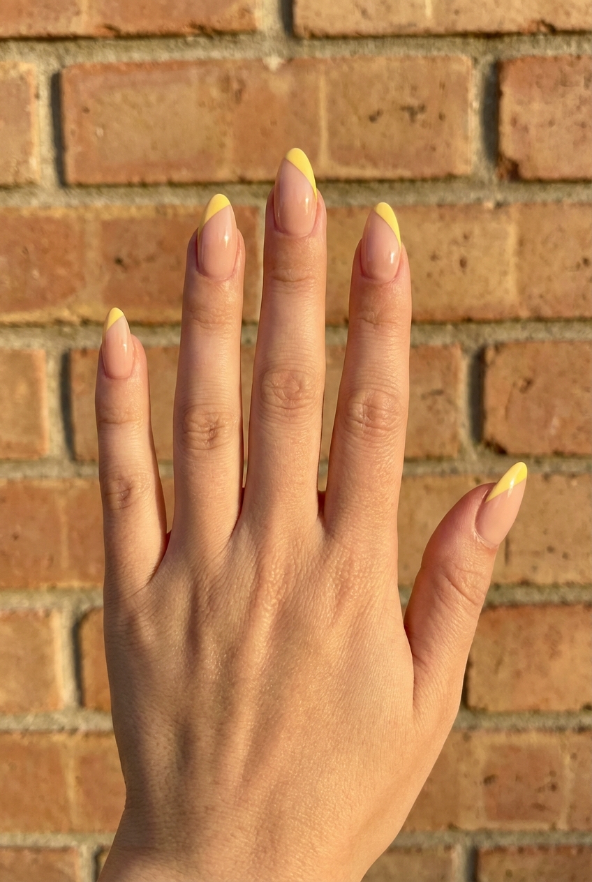 Fingers extended in front of a brick wall display yellow French tip nail art idea with almond-shaped nails, nude pink base, and pale yellow tips glowing in sunlight