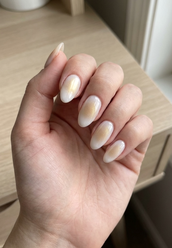 Hand positioned indoors showing a white and gold nail art idea with almond nails painted milky white and accented with a soft champagne gold shimmer gradient concentrated near the center.
