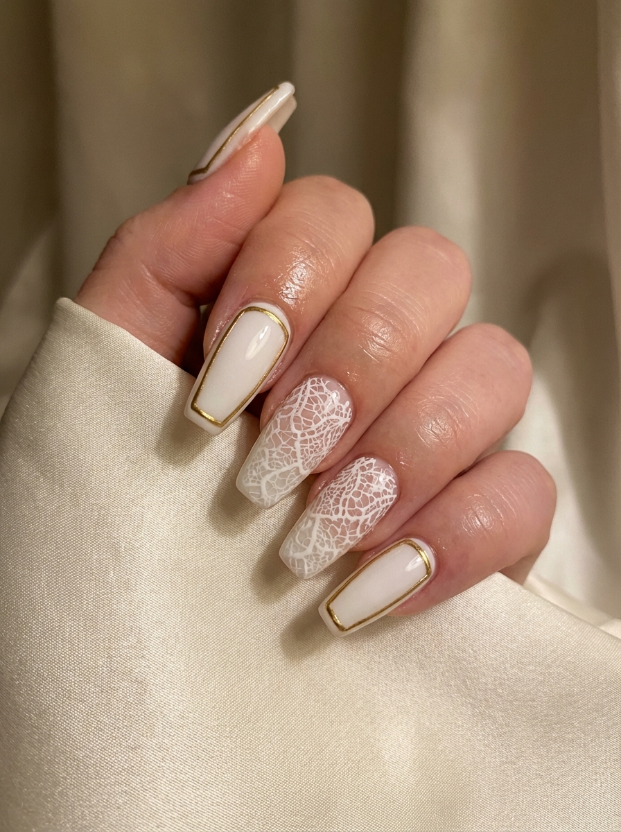 Hand partially wrapped in a cream sleeve displaying a white and gold nail art idea with long square nails, ivory polish outlined in thin gold frames, and lace-patterned accent nails over a translucent base.