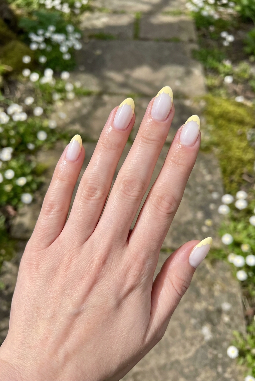 Hand held above a garden path with small white flowers shows yellow French tip nail art idea featuring sheer milky nails and scalloped pastel yellow tips in natural sunlight
