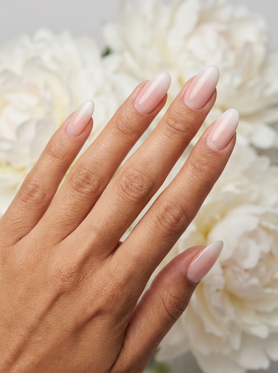 Close-up of a hand with glossy almond nails in a blush pink to milky white ombré gradient, resting in front of soft white blossoms for a romantic bridal nail art idea.