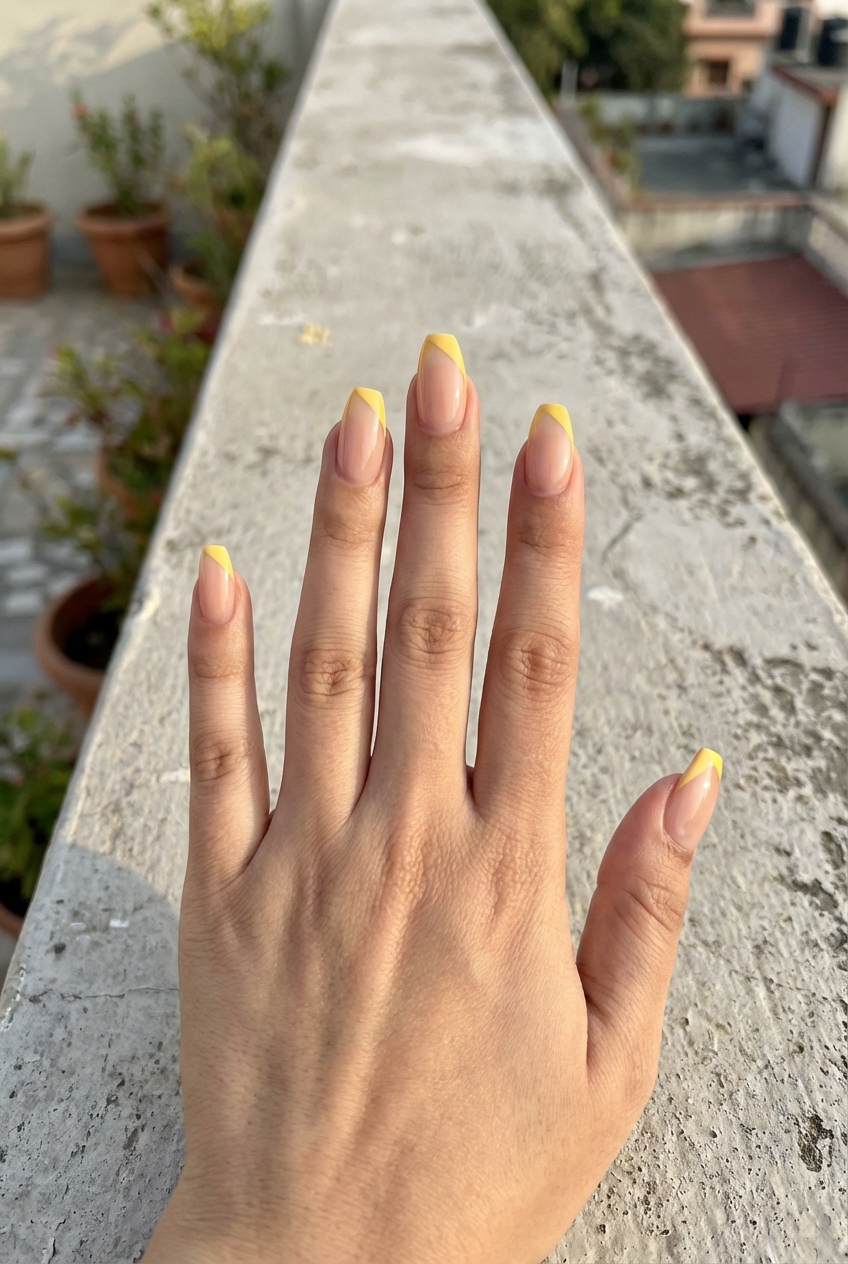 Close-up of a manicured hand highlights yellow French tip nail art idea with sheer nude nails and soft yellow tip edges against a bright outdoor balcony backdrop