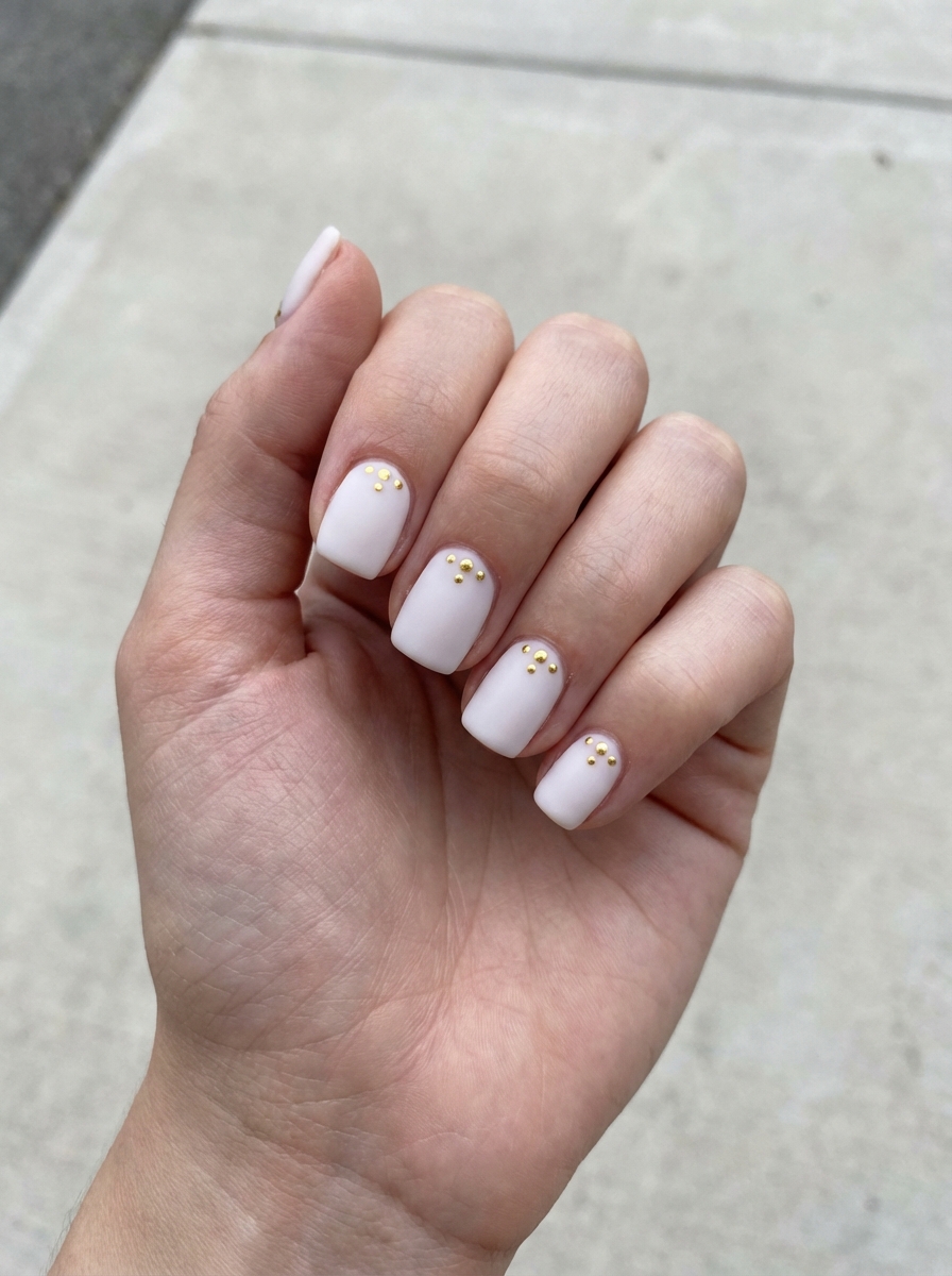 Hand held outdoors showing a white and gold nail art idea with short square matte white nails, each accented with three small gold studs placed near the cuticle.