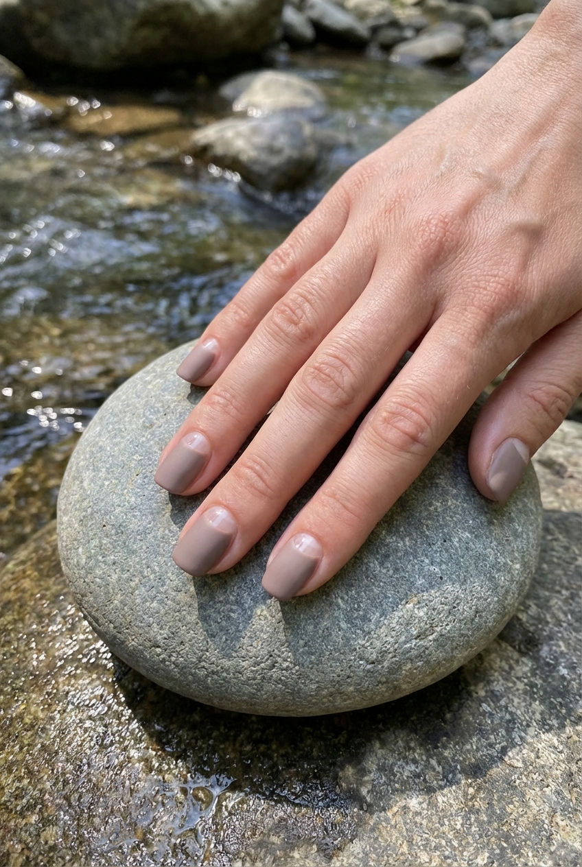 Against a rocky stream backdrop, a hand displays a neutral nail art idea with neatly shaped short nails coated in a soft taupe neutral polish.