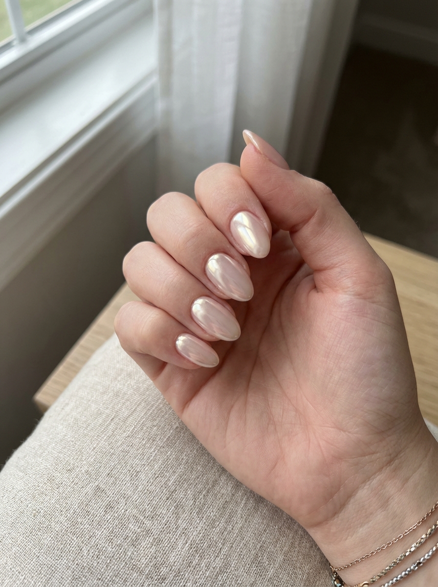 Manicured hand near a window displaying almond-shaped nude nails with a pearly champagne chrome finish, presenting a chrome nail art idea photographed above a light wood surface.